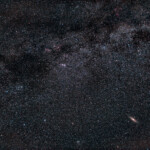 A widefield view of the Andromeda galaxy (M31) down right and the Milky Way up top.
Exposure with 35 mm lens on Nikon D800, 23 min in Åva, December 2016.. Andromeda galaxy M31 and the Milky Way