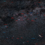 A widefield view of the Andromeda galaxy (M31) down right and the Milky Way up top.
Exposure with 35 mm lens on Nikon D800, 23 min in Åva, December 2016.. Andromeda galaxy M31 and the Milky Way