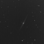 NGC 4565 (also known as the Needle Galaxy or Caldwell 38) is an edge-on spiral galaxy about 30 to 50 million light-years away in the constellation Coma Berenices.
The 10th magnitude galaxy sits perpendicular to our own Milky Way galaxy and is almost directly above the North Galactic Pole (in the same way Polaris is located above the Earth's North Pole).
An early attempt to capture this galaxy with CPC925 reflector and Nikon D800 camera in Stuvsta, April 2015 NGC 4565 (C38), Needle galaxy