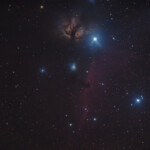 IC 434, Horsehead nebula and NGC 2024, Flame nebula
photographed with APO107 refracror telescope and Nikon D800 camera in Åva, February 2018.
5*4min exposure. IC 434, Horsehead nebula and NGC 2024, Flame nebula
