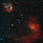 Flaming star nebula IC 405 and reflection nebula IC 410 around the open cluster NGC 1893 (top).
30*3min exposure with ASI 2600MC camera, APO 94mm refractor telescope, and IDAS NB1 filter at about 15 degrees from full moon. First picture where autofocus worked flawlessly! Photo in Stuvsta, December 2021. IC 410 and IC405, Flaming star nebula