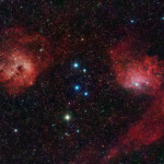 IC 405 (also known as the Flaming Star Nebula) is an emission and reflection nebula in the constellation Auriga north of the celestial equator, surrounding the bluish star AE Aurigae. It shines at magnitude +6.0. It surrounds the irregular variable star AE Aurigae and is located near the emission nebula IC 410, the open clusters M38 and M36, and the K-class star Iota Aurigae.
The nebula measures approximately 37.0' x 19.0', and lies about 1,500 light-years away from Earth. It is believed that the proper motion of the central star can be traced back to the Orion's Belt area. The nebula is about 5 light-years across.
NGC 1893 is an open cluster in the constellation Auriga. It is about 12,400 light years away. The star cluster is embedded in the HII region IC 410.
Images of the star cluster by the Chandra X-ray Observatory suggest that it contains approximately 4600 young stellar objects.
Photographed with APO94 refractor and ASI 2600MC color camera in Stuvsta, January 2022. 29*3min exposure with IDAS LPS P3 light pollution filter. IC 410 and IC405, Flaming star nebula