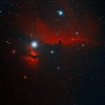 IC 434, Horsehead nebula and NGC 2024, Flame nebula photographed with APO94 refractor telescope and ASI2600MC color camera in Stuvsta, December 2021.
Exposure 54*3min with IDAS NB1 narrowband filter under full moon. IC 434, Horsehead nebula and NGC 2024, Flame nebula