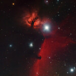 IC 434, Horsehead nebula and NGC 2024, Flame nebula
photographed with APO107 refracror telescope and ASI 2600MC color camera in Åva, February 2023. 25*3min exposure with HEUIB filter. IC 434, Horsehead nebula and NGC 2024, Flame nebula