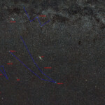 A widefield view of the Andromeda galaxy (M31) in the middle and the Milky Way up top.
Exposure with 24 mm lens at f/6.3 on Nikon D800, 17*2 min in Åva, August 2021. M31 Andromeda galaxy