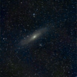 Close up of the M31 Andromeda galaxy.
6*90s with Nikon D800 and 200mm f/5.6 with Astrotrac and the camera in DX mode, i.e. equal to 300mm. Åva on December 30th 2015. Andromeda galaxy M31 with satellite galaxies M110 and M32