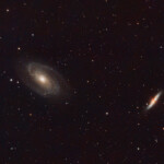 Messier 81 (also known as NGC 3031 or Bode's Galaxy) is a grand design spiral galaxy about 12 million light-years away, with a diameter of 90,000 light years, in the constellation Ursa Major. Due to its proximity to our galaxy, large size, and active galactic nucleus (which harbors a 70 million M☉ supermassive black hole), Messier 81 has been studied extensively by professional astronomers.
Messier 82 (also known as NGC 3034, Cigar Galaxy or M82) is a starburst galaxy approximately 12 million light-years away in the constellation Ursa Major. A member of the M81 Group, it is about five times more luminous than the Milky Way and has a center one hundred times more luminous. The starburst activity is thought to have been triggered by interaction with neighboring galaxy M81. As the closest starburst galaxy to Earth, M82 is the prototypical example of this galaxy type. n 2014, in studying M82, scientists discovered the brightest pulsar yet known, designated M82 X-2.
Photographed with MN190 reflector telescope and ASI 2600MC color camera in Stuvsta, March 2022. Exposure was 27*3min with IDAS LPS P3 light pollution filter. M81 (Bodes galaxy) and M82