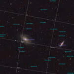 Messier 81 (also known as NGC 3031 or Bode's Galaxy) is a grand design spiral galaxy about 12 million light-years away, with a diameter of 90,000 light years, in the constellation Ursa Major. Due to its proximity to our galaxy, large size, and active galactic nucleus (which harbors a 70 million M☉ supermassive black hole), Messier 81 has been studied extensively by professional astronomers.
Messier 82 (also known as NGC 3034, Cigar Galaxy or M82) is a starburst galaxy approximately 12 million light-years away in the constellation Ursa Major. A member of the M81 Group, it is about five times more luminous than the Milky Way and has a center one hundred times more luminous. The starburst activity is thought to have been triggered by interaction with neighboring galaxy M81. As the closest starburst galaxy to Earth, M82 is the prototypical example of this galaxy type. n 2014, in studying M82, scientists discovered the brightest pulsar yet known, designated M82 X-2.
Photographed with APO107 refractor telescope and ASI 2600MC color camera in Stuvsta, October 2021. Exposure was 30*3min with IDAS LPS D2 light pollution filter. M81 (Bodes galaxy) and M82