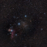 Orion's belt with the nebulas.
13min exposure with Nikon D800 camera and 200mm lens at ISO 800 in Åva, December 2016. Astrotracker used. IC 434, Horsehead nebula and NGC 2024, Flame nebula