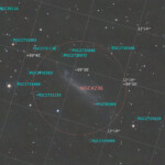 NGC 4236 (also known as Caldwell 3) is a barred spiral galaxy located in the constellation Draco.
The galaxy is a member of the M81 Group, a group of galaxies located at a distance of approximately 11.7 Mly (3.6 Mpc) from Earth. The group also contains the spiral galaxy Messier 81 and the starburst galaxy Messier 82. NGC 4236 is located away from the central part of the M81 group at a distance of 14.5 Mly (4.45 Mpc) from Earth.
Photographed with MN190 reflector telescope and Atik 360EX monochrome CCD camera in Stuvsta, March 2022. Exposure was 15*2min RGB each and 25*2min lum. NGC 4236