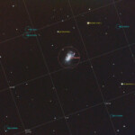 NGC 4449 is an irregular Magellanic type galaxy in the constellation Canes Venatici, being located about 13 million light-years away. It is part of the M94 Group or Canes Venatici I Group that is relatively close to the Local Group hosting our Milky Way galaxy.
This galaxy is similar in nature to the Milky Way's satellite galaxy, the Large Magellanic Cloud (LMC), though is not as bright nor as large. NGC 4449 has a general bar shape, also characteristic of the LMC, with scattered young blue star clusters.
Unlike the Large Magellanic Cloud, however, NGC 4449 is considered a starburst galaxy due to its high rate of star formation (twice the one of the LMC) and includes several massive and young star clusters, one of them in the galaxy's center.
56*2min med IDAS HEUIB-filter. Snö och mycket ljusreflexer. NGC 4449
