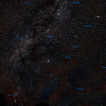 A widefield view of the Milky Way with the Pleiades (M45) in the center. The Andromeda galaxy is visible in the upper right corner and the Orion nebula down left..
Exposure with 14mm lens on Nikon D800, 18 min in Åva, December 2016 Milky Way, M45 - Pleiades, M31