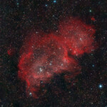 The Soul Nebula is an emission nebula located in Cassiopeia. Several small open clusters are embedded in the nebula: CR 34, 632, and 634 (in the head) and IC 1848 (in the body). The object is more commonly called by the cluster designation IC 1848.
Small emission nebula IC 1871 is present just left of the top of the head, and small emission nebulae 670 and 669 are just below the lower back area.
Photographed with APO94 refractor telescope and ASI 2600MC color camera in Stuvsta, January 2022. Exposure was 48*3min with IDAS LPS P3 light pollution filter. IC 1848, Soul nebula