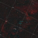Westerhout 5 (Sharpless 2-199, LBN 667, Soul Nebula) is an emission nebula located in Cassiopeia. Several small open clusters are embedded in the nebula: CR 34, 632, and 634(in the head) and IC 1848 (in the body). The object is more commonly called by the cluster designation IC 1848.
Small emission nebula IC 1871 is present just left of the top of the head, and small emission nebulae 670 and 669 are just below the lower back area.
Photographed with APO107 refractor telescope and ASI 2600MC color camera in Stuvsta, September 2021. Exposure was 20*3min with IDAS LPS D2 light pollution filter. IC 1848, Soul nebula