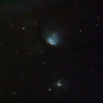 Messier 78 also known as NGC 2068, is a reflection nebula in the constellation Orion.
M78 is the brightest diffuse reflection nebula of a group of nebulae that includes NGC 2064, NGC 2067 and NGC 2071. This group belongs to the Orion B molecular cloud complex and is about 1,350 light-years distant from Earth. M78 is easily found in small telescopes as a hazy patch and involves two stars of 10th and 11th magnitude. These two B-type stars, HD 38563 A and HD 38563 B, are responsible for making the cloud of dust in M78 visible by reflecting their light.
The M78 cloud contains a cluster of stars that is visible in the infrared. Due to gravity, the molecular gas in the nebula has fragmented into a hierarchy of clumps,whose cores have masses ranging from 0.3 M☉ to 5 M☉.About 45 variable stars of the T Tauri type, young stars still in the process of formation, are members as well. Similarly, 17 Herbig–Haro objects are known in M78.
Photographed with RC8 reflector telescope and ASI 2600MC color camera in Stuvsta, March 2023. Exposure was 29*1 min ans IDAS HEUIB filter. M78