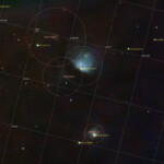 Messier 78 also known as NGC 2068, is a reflection nebula in the constellation Orion.
M78 is the brightest diffuse reflection nebula of a group of nebulae that includes NGC 2064, NGC 2067 and NGC 2071. This group belongs to the Orion B molecular cloud complex and is about 1,350 light-years distant from Earth. M78 is easily found in small telescopes as a hazy patch and involves two stars of 10th and 11th magnitude. These two B-type stars, HD 38563 A and HD 38563 B, are responsible for making the cloud of dust in M78 visible by reflecting their light.
The M78 cloud contains a cluster of stars that is visible in the infrared. Due to gravity, the molecular gas in the nebula has fragmented into a hierarchy of clumps,whose cores have masses ranging from 0.3 M☉ to 5 M☉.About 45 variable stars of the T Tauri type, young stars still in the process of formation, are members as well. Similarly, 17 Herbig–Haro objects are known in M78.
Photographed with RC8 reflector telescope and ASI 2600MC color camera in Stuvsta, March 2023. Exposure was 29*1 min ans IDAS HEUIB filter. M78