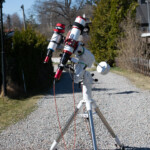 The APO94 refractor telescope is shown mounted on the EQ6R equatorial mount and carrying a TS Optics 80mm, focal length 328mm, guidescope. The camera shown is the Atik 360EX monochrome CCD camera. Apochromatic Refractor with 94 mm aperture, f/4,4, and focal length 414mm (APO94)