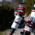 The TS Optics 80mm, focal length 328mm, guidescope which has a separate ZWO ASI 290MM mini guide camera. The red bands are heater bands to eliminate dew. The TS Optics 80mm, focal length 328mm, guidescope