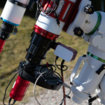 The APO94 refractor telescope is equipped with a Primaluce Labs Sesto Senso focus motor. Shown is also the Atik 360EX monochrome CCD camera and the 7 position filter wheel used to obtain color images and narrowband images. Focus motor and camera with filter wheel