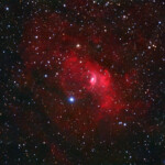 NGC 7635, also known as the Bubble Nebula, Sharpless 162, or Caldwell 11, is an H II region emission nebula in the constellation Cassiopeia. It lies close to the direction of the open cluster Messier 52. The "bubble" is created by the stellar wind from a massive hot, 8.7 magnitude young central star, SAO 20575. The nebula is near a giant molecular cloud which contains the expansion of the bubble nebula while itself being excited by the hot central star, causing it to glow.
Photographed with MN190 reflector telescope and Atik 360EX monochrome CCD camera in Stuvsta, March 2022. Exposure was 15*2min RGB each and 15*3min Lum. NGC 7635, Bubble Nebula