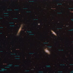 The Leo Triplet (also known as the M66 Group) is a small group of galaxies about 35 million light-years away in the constellation Leo. This galaxy group consists of the spiral galaxies M65, M66, and NGC 3628.. The distance is approximately 35 million lightyears.
Photographed with APO 107mm refractor and ASI 2600MC camera in Åva, April 2021. Exposure was 40*2min without any filter. M65, M66, and NGC 3628, The Leo Triplet
