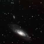 Messier 106 (also known as NGC 4258) is an intermediate spiral galaxy in the constellation Canes Venatici. M106 is at a distance of about 22 to 25 million light-years away from Earth.
M106 contains an active nucleus classified as a Type 2 Seyfert, and the presence of a central supermassive black hole has been demonstrated from radio-wavelength observations of the rotation of a disk of molecular gas orbiting within the inner light-year around the black hole. NGC 4217 is a possible companion galaxy of Messier 106.
Photographed with MN 190 reflector telescope and Atik 360EX monochrome CCD camera in Åva, March 2020. Exposure was 18 minutes with R,G,B, and Lum. Messier 106 (also known as NGC 4258)