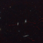 The Leo Triplet (also known as the M66 Group) is a small group of galaxies about 35 million light-years away in the constellation Leo. This galaxy group consists of the spiral galaxies M65, M66, and NGC 3628. The distance is approximately 35 million lightyears.
Photographed woth APO 107mm refractor telescope and Nikon D800 DSLR camera in Åva, March 2018. M65, M66, and NGC 3628, The Leo Triplet