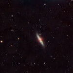 Messier 82 (also known as NGC 3034, Cigar Galaxy or M82) is a starburst galaxy approximately 12 million light-years away in the constellation Ursa Major. A member of the M81 Group, it is about five times more luminous than the Milky Way and has a center one hundred times more luminous. The starburst activity is thought to have been triggered by interaction with neighboring galaxy M81. As the closest starburst galaxy to Earth, M82 is the prototypical example of this galaxy type.
Distance: 12 million lightyears.
Photographed with MN190 refelctor telescope and Atik 360EX monochrome CCD camera in Stuvsta, February 2022. Exposure was 15*2min RGB each, 15*3min Ha and 15*2min Lum. M82, Cigar Galaxy