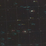 NGC 3613 is an elliptical galaxy in the constellation Ursa Major some 98 million light years away.
NGC 3619 is an unbarred lenticular galaxy located in the constellation Ursa Major some 87 million light years away.
NGC 3625 is a spiral galaxy in Ursa Major some 120 million light years away.
Photographed with RC8" reflector telescope and ASI 2600MC color camera in Åva, April 2023. Exposure was a total of 50min with IDAS HEUIB filter. NGC 3613, NGC 3619, and NGC 3625