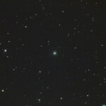 NGC 3642 is a spiral galaxy in the constellation Ursa Major. The galaxy has a low-ionization nuclear emission-line region. It is located at a distance of circa 30 million light years from Earth, which, given its apparent dimensions, means that NGC 3642 is about 50,000 light years across. The galaxy is characterised by an outer pseudoring, which was probably formed after the accretion of a gas rich dwarf galaxy.
The nearby spiral galaxy PGC 34666 is located about 150 million light years away with a visual magnitude of approximately +15. The galaxies PGC 2585851 and PGC 2586019, located about 1 billion (10^9) lightyears away, are also visible. Several of the other PGC-galaxies lies about 800 million lightyears away.
Photographed with RC8" reflector telescope and ASI 2600MC color camera in Åva, April 2023. Exposure was 40min with HEUIB filter. NGC 3642