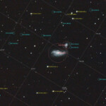 NGC 4490, also known as the Cocoon Galaxy, is a barred spiral galaxy in the constellation Canes Venatici. The galaxy lies at a distance of 25 million light years from Earth. It interacts with its smaller companion NGC 4485 and as a result is a starburst galaxy. NGC 4490 is located 3/4° northwest of beta Canum Venaticorum and with apparent visual magnitude 9.8.
Photographed with RC8 reflector telescope and ASI 2600MC color camera in Åva, April 2023. Exposure was 32*1min with HEUIB filter and bin 2*2. NGC 4490, Cocoon Galaxy