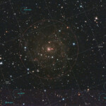 IC 342 is an intermediate spiral galaxy in the constellation Camelopardalis, located relatively close to the Milky Way. Despite its size and actual brightness, its location in dusty areas near the galactic equator makes it difficult to observe, leading to the nickname "The Hidden Galaxy". The dust makes it difficult to determine its precise distance; modern estimates range from about 7 Mly to about 11 Mly. It is one of the brightest in the IC 342/Maffei Group, one of the closest galaxy groups to the Local Group.
Photographed with RC8" reflector telescope and ASI 2600MC color camera in Stuvsta, December 2022. Rxposure was 43*3min with IDAS LPS D2 light pollution filter. IC 342