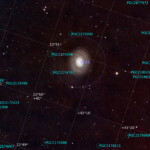 Messier 94 (NGC 4736) is a spiral galaxy in the mid-northern constellation Canes Venatici at 16 million LY distance.
M94 is classified as having a low ionization nuclear emission region (LINER) nucleus. LINERs in general are characterized by optical spectra that reveal that ionized gas is present but the gas is only weakly ionized (i.e. the atoms are missing relatively few electrons).
Photographed with MN190 reflector telescope and Atik 360EX CCD camera in Stuvsta, March 2022. Exposure was 15* 2 min RGB each and 40*1 min Lum. M94