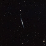 NGC 4244 is an edge-on loose spiral galaxy in the constellation Canes Venatici, and is part of the M94 Group or Canes Venatici I Group, a galaxy group relatively close to the Local Group containing the Milky Way.
With an apparent V-band magnitude of 10.18, NGC 4244 lies approximately 4.3 megaparsecs (14 million light years) away. A nuclear star cluster and halo is located near the centre of this galaxy.
Photographed with MN190 reflector telescope and ASI 2600MC color camera in Stuvsta, March 2022. Exposure was 30*3 min with IDAS LPS P3 light pollution filter. NGC 4244, Silver Needle Galaxy