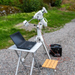 The mount is driven by 12V DC from either a power tank as shown here or from an 80Ah 12V ordinary car battery. The mount comes with built in GoTo-software for 40 000 objects, but I am instead using a PC and a sequencing program with plate solve capabilities to locate the objects I want to photograph. Skywatcher EQ6-R Equatorial Mount