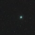 Messier 92 (also known as NGC 6341) is a globular cluster of stars in the northern constellation of Hercules. It is about 26 700 light-years away from the solar system.
It is one of the brighter of its sort in apparent magnitude in the northern hemisphere and in its absolute magnitude in the galaxy. It is also one of the galaxy's oldest clusters. Characteristic of globulars, it has little of the elements other than hydrogen and helium; astronomers term this low metallicity. This puts the estimated age range for the cluster at 11 ± 1.5 billion years.
A number of galaxies at distances of 400 million ligfht-years are visible in the background.
Photographed with APO107 mm refractor telescope and ASI 2600MC color camera in Stuvsta, at 9pm, 25th of September 2021. Exposure was 20 * 3 min with IDAS LPS D2 light pollution filter. M92