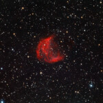 The Medusa Nebula is a planetary nebula in the constellation of Gemini. It is also known as Abell 21 and Sharpless 2-274. It was originally discovered in 1955 by University of California, Los Angeles astronomer George O. Abell, who classified it as an old planetary nebula. Until the early 1970s, the nebula was thought to be a supernova remnant. With the computation of expansion velocities and the thermal character of the radio emission, Soviet astronomers in 1971 concluded that it was most likely a planetary nebula. As the nebula is so large, its surface brightness is very low, with surface magnitudes of between +15.99 and +25 reported.
Photographed with MN 190 reflector telescope and Atik 360EX CCD camera in Åva, March 2021. Exposure was 20 min RGB each, L 20 min, and Ha 30 min a failrly windy night. Abell 21, Medusa Nebula