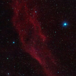 The California Nebula (NGC 1499) is an emission nebula located in the constellation Perseus. It is so named because it appears to resemble the outline of the US State of California on long exposure photographs. It is almost 2.5° long on the sky and, because of its very low surface brightness, it is extremely difficult to observe visually.
It lies at a distance of about 1 000 light years from Earth. Its fluorescence is due to excitation of the Hβ line in the nebula by the nearby prodigiously energetic O7 star, Xi Persei also known as Menkib seen to the right of the nebula.
Photographed with the APO107 mm refractor telescope and Nikon D800 DSLR camera in Stuvsta, December 2020. Mosaic of two pictures, 25*3 min and 38*3 min, at ISO800 with IDAS LPS D2 light pollution filter. Integrated in Pixinsight an corrected with flats. NGC 1499 California Nebula