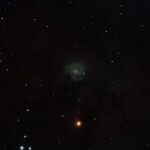 NGC 3184 is a spiral galaxy approximately 40 million light-years away in the constellation Ursa Major. It has two HII regions named NGC 3180and NGC 3181.
NGC 3184 houses a high abundance of heavy elements and (SN 1999gi) that was a magnitude 14 Type II supernova detected on December 9, 1999. Other supernovae in NGC 3184 include 1921B (mag 13.5), 1921C (mag 11) and 1937F (mag 13.5).
Photographed with MN190 reflector telescope and Atik 360EX CCD camera in Stuvsta, March 2021. Exposure was 20 min RGB each and 11 min Lum. NGC 3184