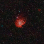 NGC 2174 (also known as Monkey Head Nebula) is an H II emission nebula located in the constellation Orion and is associated with the open star cluster NGC 2175. It is thought to be located about 6,400 light-years away from Earth. The nebula may have formed through hierarchical collapse.
Photographed with APO 94mm refractor telescope and ASI 2600MC color camera in Stuvsta, January 2022. Exposure was 27 * 2 min with IDAS LPS P3 light pollution filter. NGC 2174, NGC 2175 and IC 2159