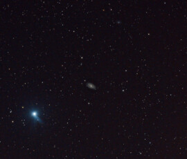 Messier 109 (also known as NGC 3992) is a barred spiral galaxy exhibiting a weak inner ring structure around the central bar approximately 83.5 ± 24 million light-years away in the constellation Ursa Major. M109 has three satellite galaxies (UGC 6923, UGC 6940 and UGC 6969) and possibly might have more.
Photographed with APO107 refractor telescope and Nikon D800 DSLR camera in Åva, March 2018. M109