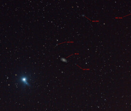Messier 109 (also known as NGC 3992) is a barred spiral galaxy exhibiting a weak inner ring structure around the central bar approximately 83.5 ± 24 million light-years away in the constellation Ursa Major. M109 has three satellite galaxies (UGC 6923, UGC 6940 and UGC 6969) and possibly might have more.
Photographed with APO107 refractor telescope and Nikon D800 DSLR camera in Åva, March 2018. M109