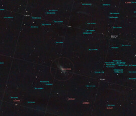NGC 4559 (also known as Caldwell 36) is an intermediate spiral galaxy with a weak inner ring structure in the constellation Coma Berenices. Distance estimates for NGC 4559 range from about 28 million light-years to 31 million light-years.
NGC 4559 is a member of the Coma I Group.
Photographed with MN190 reflector telescope and ZWO ASI 2600MC CMOS camera with IDAS LPS P3 light pollution filter in Stuvsta, March 2022. Exposure was 27 * 3 min in heavy moonshine, NGC 4559