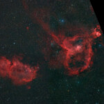 A mosaic made of four individual photos of the area around IC 1805 (Heart Nebula) and IC 1848 (Soul Nebula) in Cassiopeia. Photographed with the APO 94 mm refractor and the ASI 2600MC color CMOS camera in Åva, October 30th 2024. Exposure was 20 * 3 min for three of the photos and 10 * 3 min for the last one, all using IDAS LPS D2 light pollution filter. Postprocessed in Pixinsight and Photoshop. IC 1805 and IC 1848