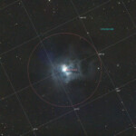 NGC 7023, the Iris Nebula, photographed with the RC8 reflector telescope and the ASI 2600MC CMOS color camera in Stuvsta, December 10th, 2024. Exposure was 30 * 3 min with IDAS HEUIB filter and I used the new AM5 mount from ZWO for the first time with this telescope. Post-processed in Pixinsight and Photoshop. NGC 7023, Iris Nebula