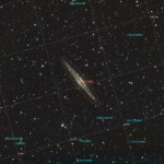 Photographed with the RC8" reflector telescope and ASI 2600MC CMOS color camera in Stuvsta, January 3rd, 2025. Exposure was 30 * 3 min with HEUIB filter and bin 2x2. There was no moon and the temperature was -10 centigrade. Postprocessing in Pixinsight and Photoshop. NGC 891, Silver Galaxy