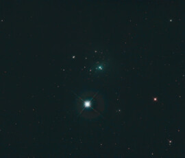 IC 348 is a star-forming region in the constellation Perseus located about 1,000 light years from the Sun. It consists of nebulosity and an associated 2-million-year-old cluster of roughly 400 stars within an angular diameter of 20″. The most massive stars in the cluster are the binary star system BD+31°643, which has a combined spectral class of B5. Based upon infrared observations using the Spitzer Space Telescope, about half of the stars in the cluster have a circumstellar disk, of which 60% are thick or primordial disks.
Photographed with the RC8" reflector telescope and the ASI 2600MC color CMOS camera in Stuvsta, February 19th, 2025. Exposure was 30*2 min with IDAS GNB narrowband filter. Postprocessing in Pixinsight. IC 348