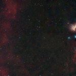 Mid section of Orion photographed on February 1st, 2025 in Åva with the APO 94 mm refractor telescope and the ASI 2600MC CMOS color camera. The image is a combination of four individual photos, each with 20 * 3 min exposure and using the IDAS LPS P3 light pollution filter. There was no moon but some northern lights visible. Temperature -3 centigrades.
The large Barnard's Loop is visible to the left and the Flame Nebula and the Horsehead Nebula to the right. IC 434, NGC 2024, and Barnard's Loop