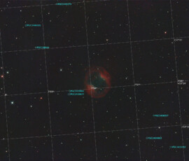 Jones-Emberson 1 (PK 164+31.1), also known as the Headphone Nebula, is a 14th magnitude planetary nebula in the constellation Lynx at a distance of 1600 light years. It is a larger planetary nebula with low surface brightness. The 16.8-magnitude central star is a very blue white dwarf.
Photographed with RC 8" reflector telescope and the ASI 2600MC color camera in Stuvsta, February 10th 2025. Exposure was 30*3 min + 30 * 4 min with IDAS GNB narrowband filter under full moon. Post-processing in Pixinsight 9.1. Jones-Emberson 1 Nebula