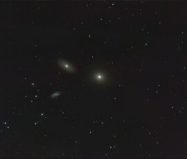 Photographed with the RC8" reflector telescope and the ASI 2600MC color CMOS camera in Stuvsta, March 22nd 2025. Exposure was 30*3 min with IDAS LPS D2 filter. Post-processing in Pixinsight. No moon visible. M105, NGC 3384, and NGC 3389